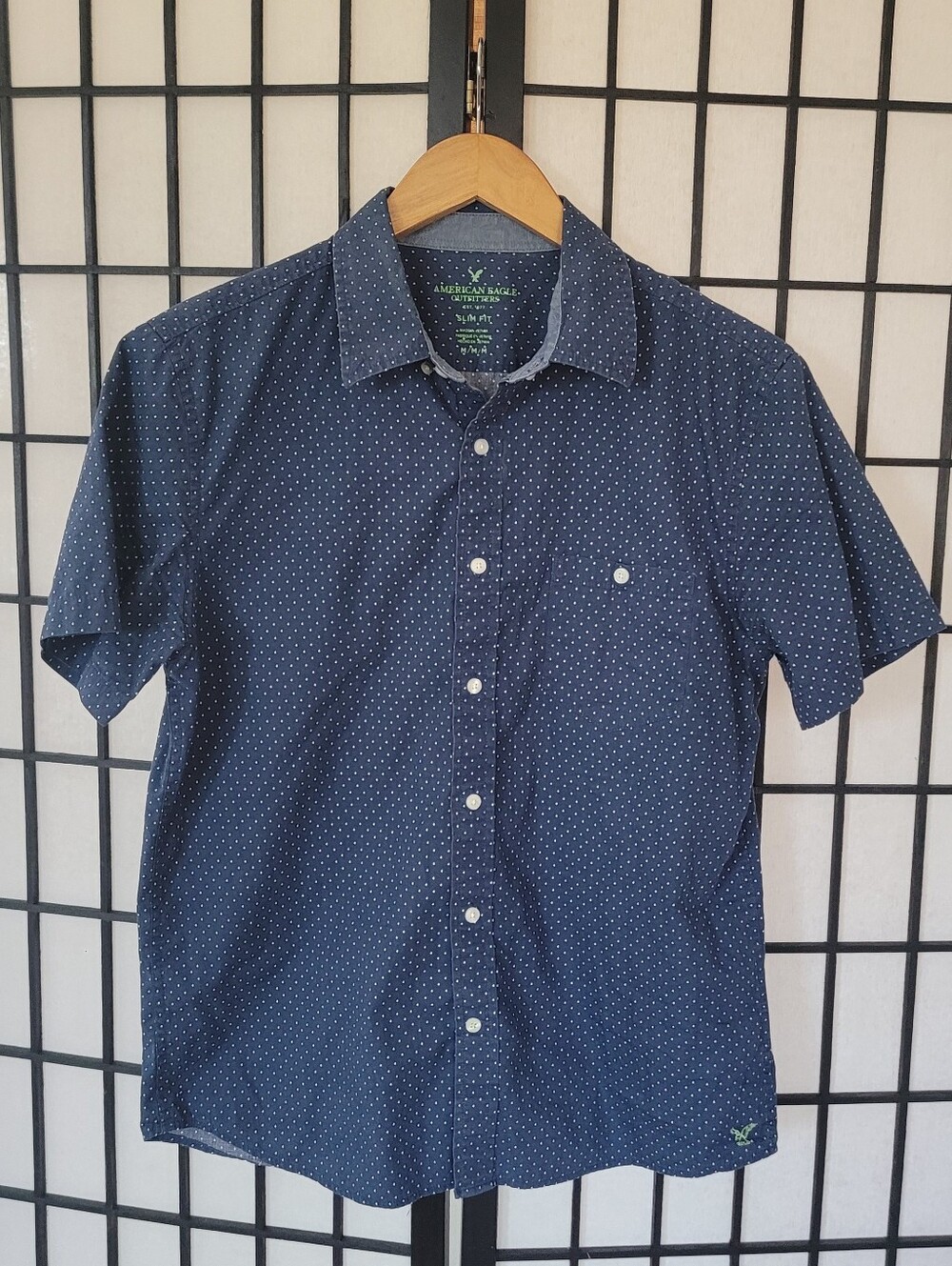 American Eagle Outfitters Navy Short Sleeve Microdot Button-Up Shirt